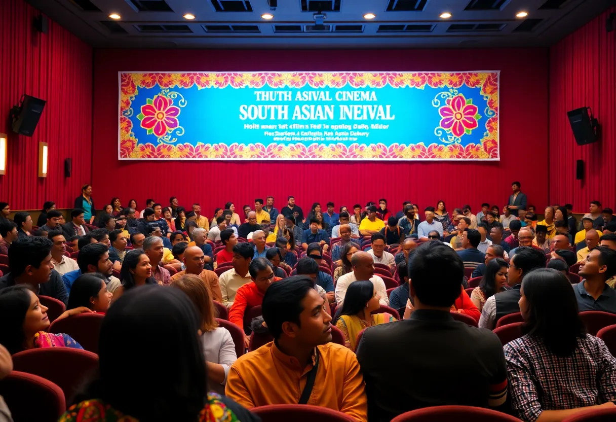 A colorful scene from the Indie Meme Film Festival showcasing various films and a diverse audience.
