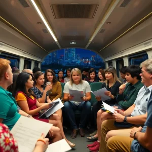 Commuters participating in interactive theatre on a train in Austin