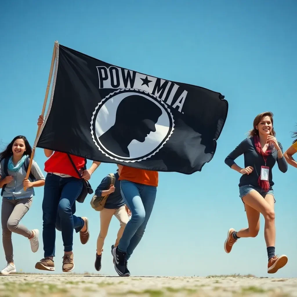 Students running with POW/MIA flag during an event