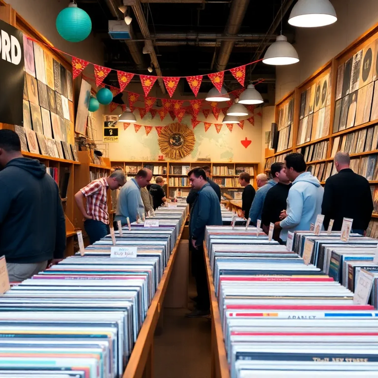 Vinyl records displayed in an Austin record store during Record Store Day celebrations.