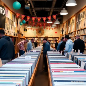 Vinyl records displayed in an Austin record store during Record Store Day celebrations.