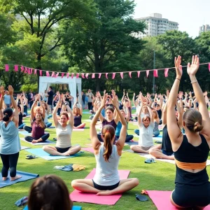 Participants engaging in yoga at the Singles Yoga in the City event in Austin.