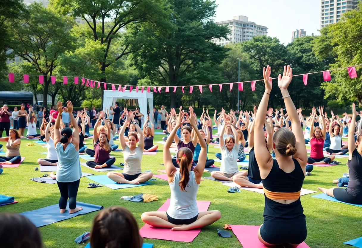Participants engaging in yoga at the Singles Yoga in the City event in Austin.