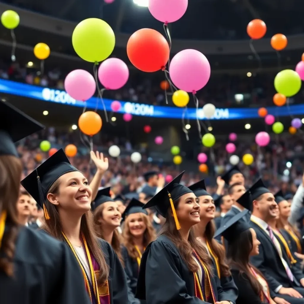 Graduates celebrating at University of Texas Austin Commencement