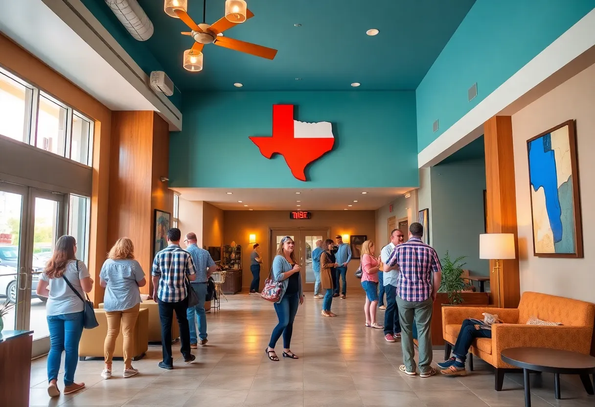 Vibrant hotel lobby with guests enjoying the atmosphere near UT Austin