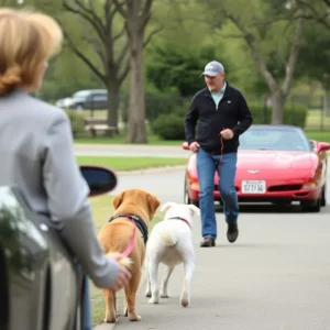 A dog owner watches a parked red Corvette, reflecting community concern over rising pet thefts.